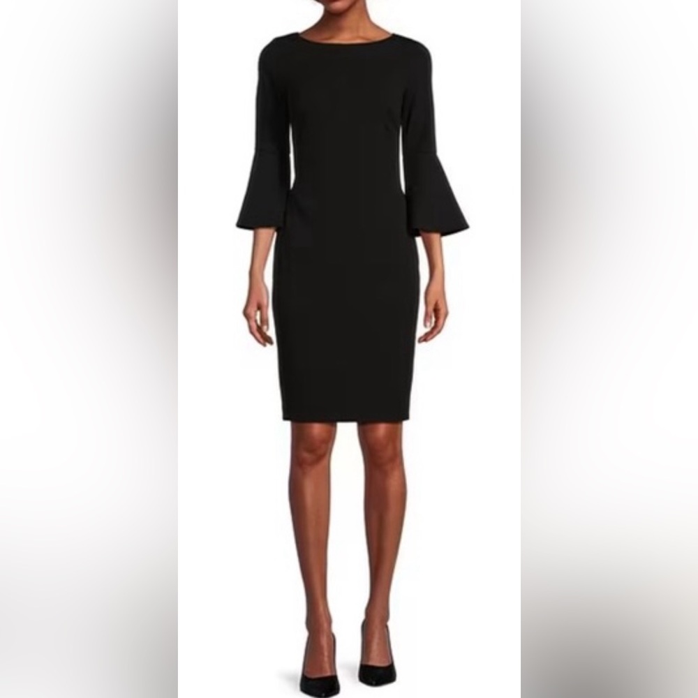 ⚜️ EUC black CALVIN KLEIN 3/4 Bell Sleeve Boat Neck Sheath Dress Sz 8